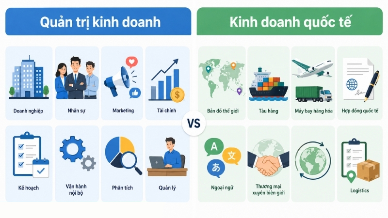 So sánh ngành Quản trị kinh doanh và Kinh doanh quốc tế