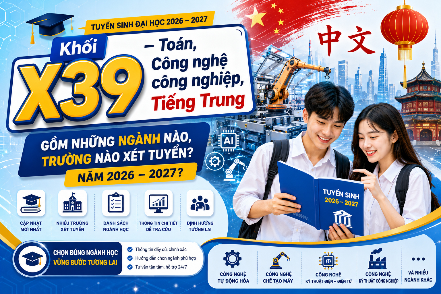 Khối X39 – Toán, Công nghệ công nghiệp, Tiếng Trung gồm những ngành nào, trường nào xét tuyển?