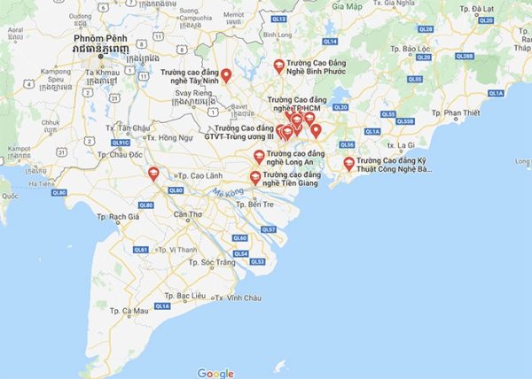 Cao đẳng công lập, tư thục, cao đẳng nghề miền Nam