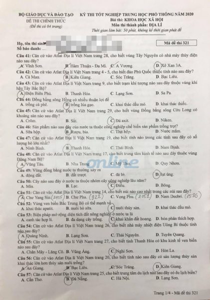 Đề thi + Đáp án chính thức môn Địa thi THPT 2020 full mã đề