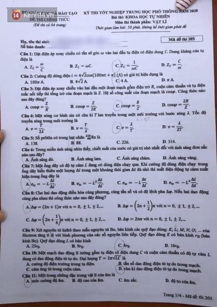 Đề thi + Đáp án chính thức môn Vật lý full kỳ thi THPT 2020