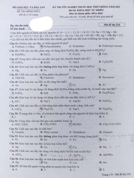 Đề thi + Đáp án môn Hóa học tốt nghiệp THPT năm 2022