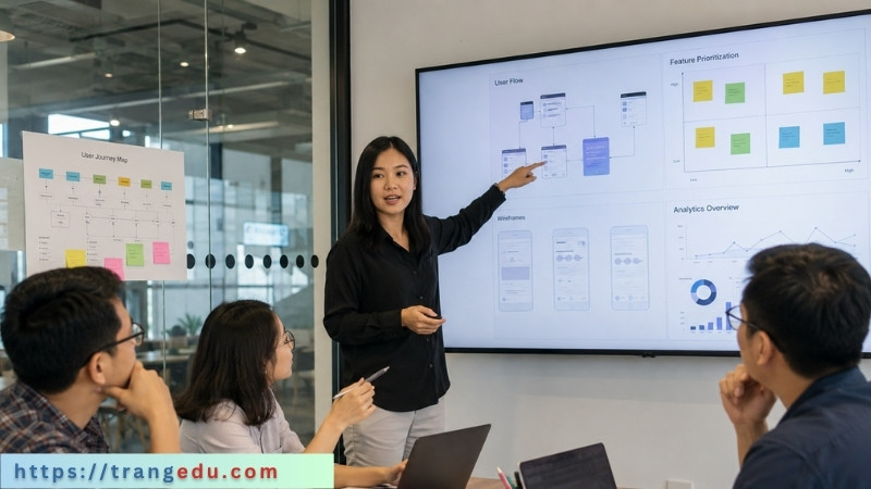 Business Analyst trình bày luồng người dùng và kế hoạch sản phẩm trong cuộc họp