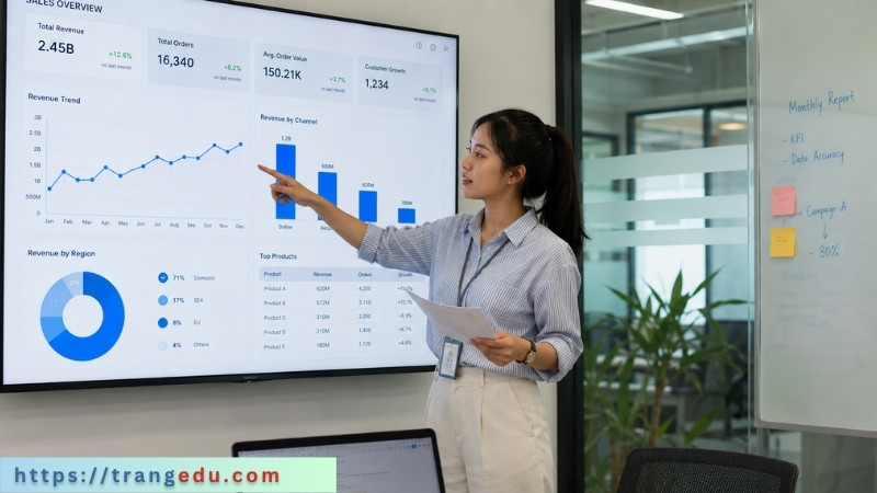 Chuyên viên dữ liệu phân tích báo cáo và biểu đồ trong phòng họp