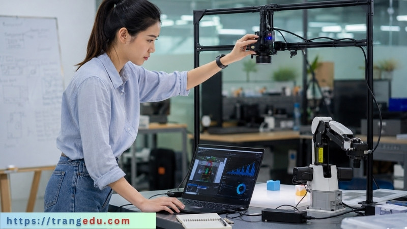 Kỹ sư trí tuệ nhân tạo kiểm tra mô hình AI trong phòng thí nghiệm công nghệ