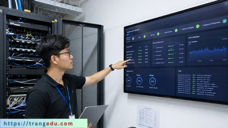 Kỹ sư Cloud DevOps kiểm tra hệ thống máy chủ và quy trình triển khai