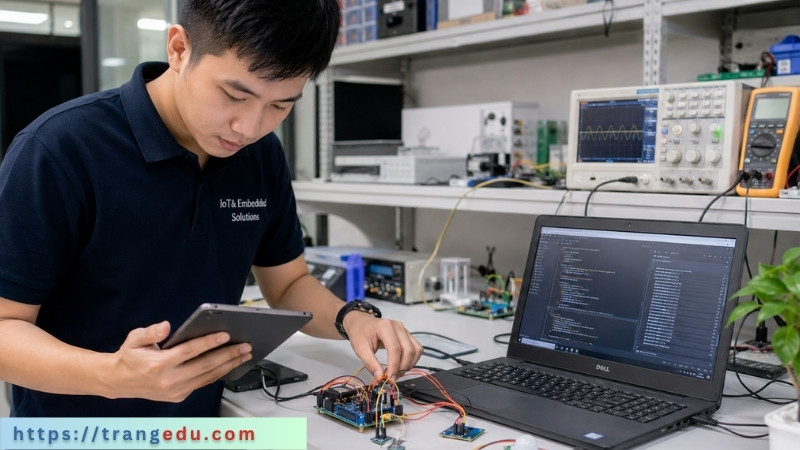 Kỹ sư phần mềm nhúng kiểm tra thiết bị IoT trên bàn thử nghiệm