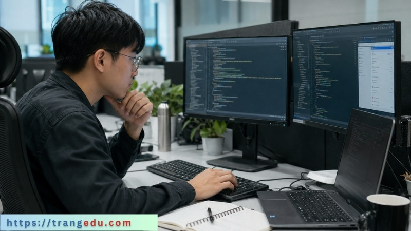 Lập trình viên làm việc với mã nguồn trên nhiều màn hình máy tính