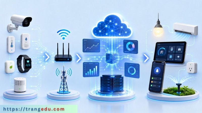 Sơ đồ mô phỏng cách IoT hoạt động từ thu thập dữ liệu đến xử lý và phản hồi