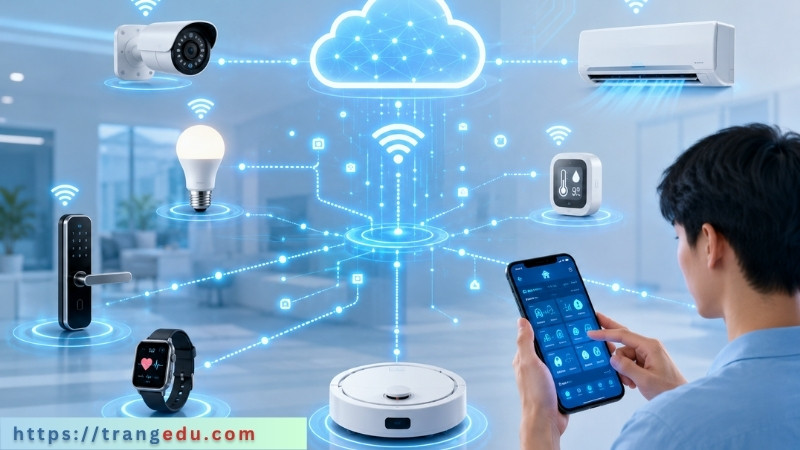 Hình minh họa khái niệm IoT với các thiết bị kết nối internet và trao đổi dữ liệu