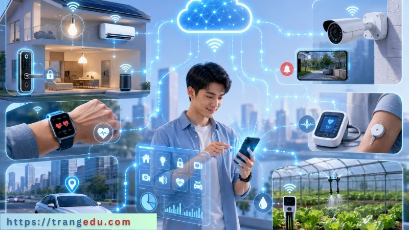 Các ví dụ về IoT trong đời sống như nhà thông minh, đồng hồ thông minh và camera kết nối