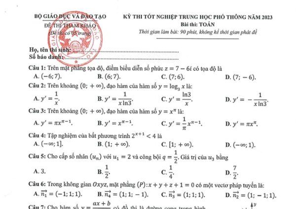 Đề thi môn toán kỳ thi tốt nghiệp THPT năm 2023
