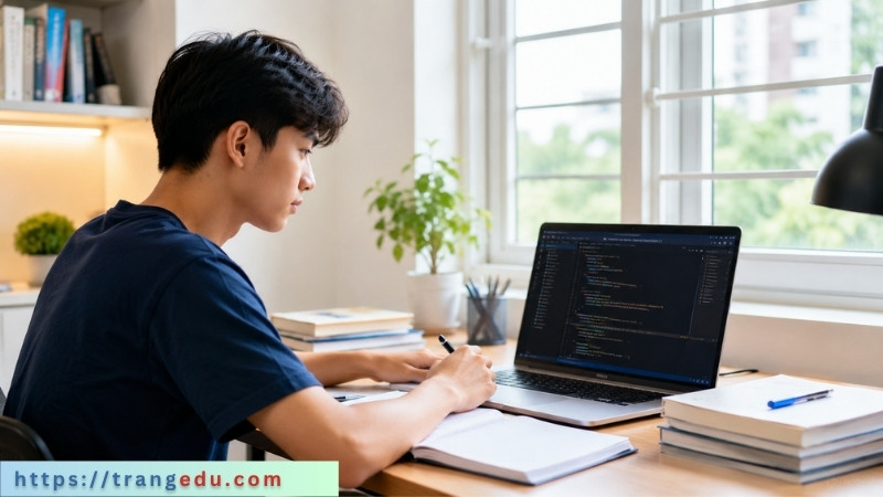 Sinh viên Việt Nam học Python trước laptop trong không gian học tập sạch sẽ