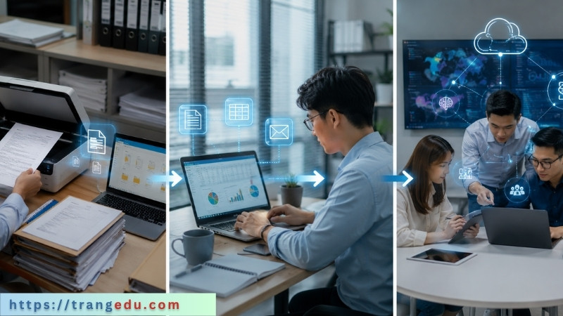 Minh họa sự khác nhau giữa số hóa, ứng dụng công nghệ thông tin và chuyển đổi số
