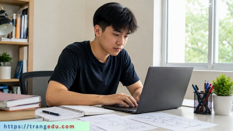 Người mới học Python với laptop và ghi chú logic lập trình