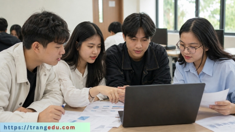 Nhóm sinh viên Việt Nam học Python và thảo luận dữ liệu trong lớp