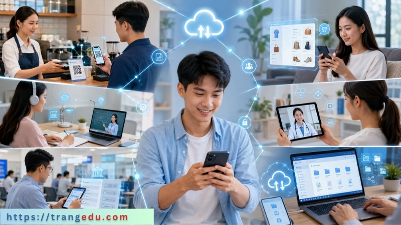 Các ví dụ về chuyển đổi số trong đời sống như thanh toán QR, học online và mua sắm trực tuyến