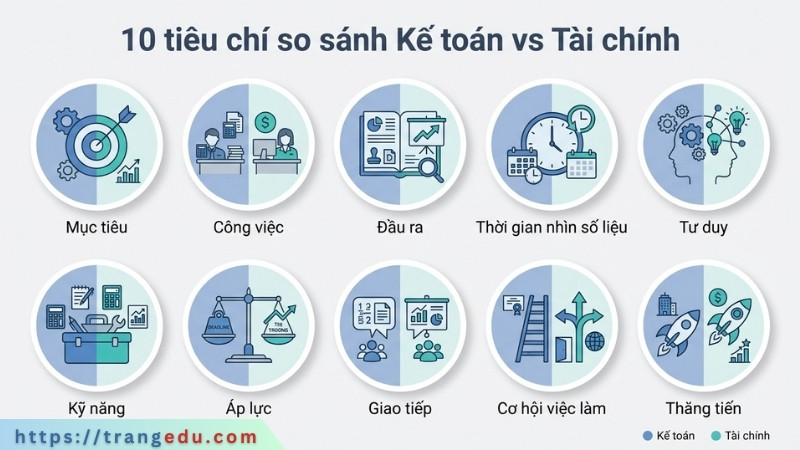 Infographic 10 tiêu chí so sánh Kế toán và Tài chính bằng biểu tượng trực quan